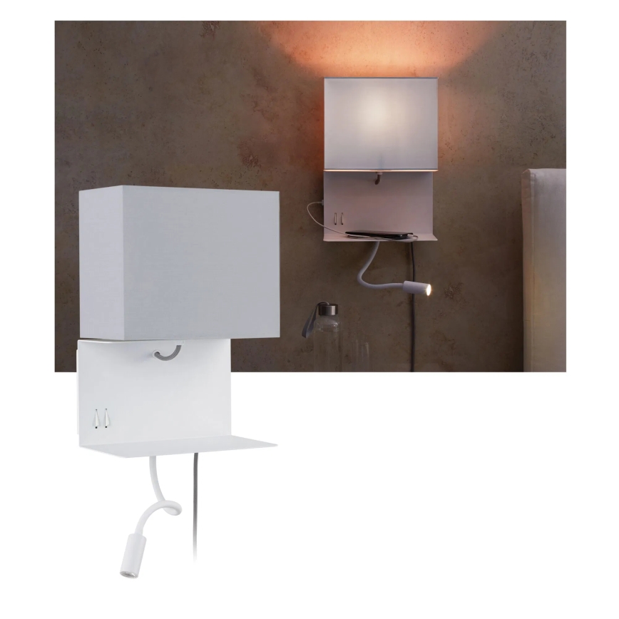 Paulmann 78913 - LED/2,5W + 1xE27/40W Настенно осветително тяло с рафт и USB MERANI 230V бяло