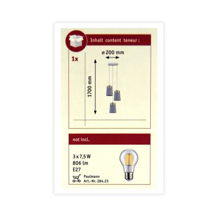 Paulmann 79627 - Висящ полилей NORELL 3xE27/20W/230V бетон