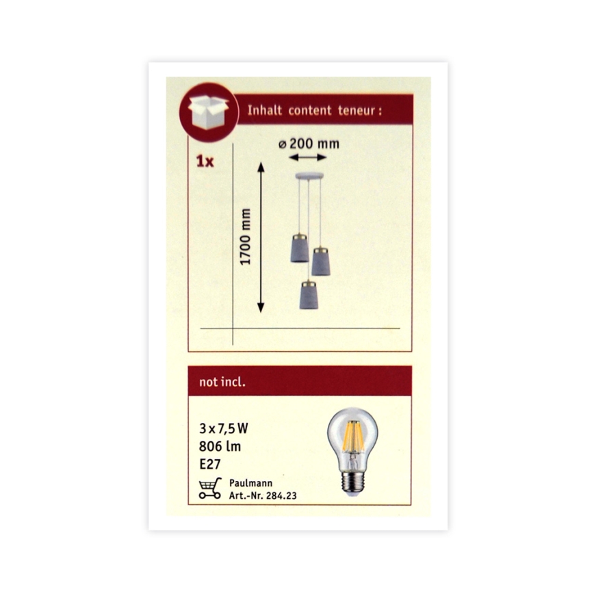 Paulmann 79627 - Висящ полилей NORELL 3xE27/20W/230V бетон