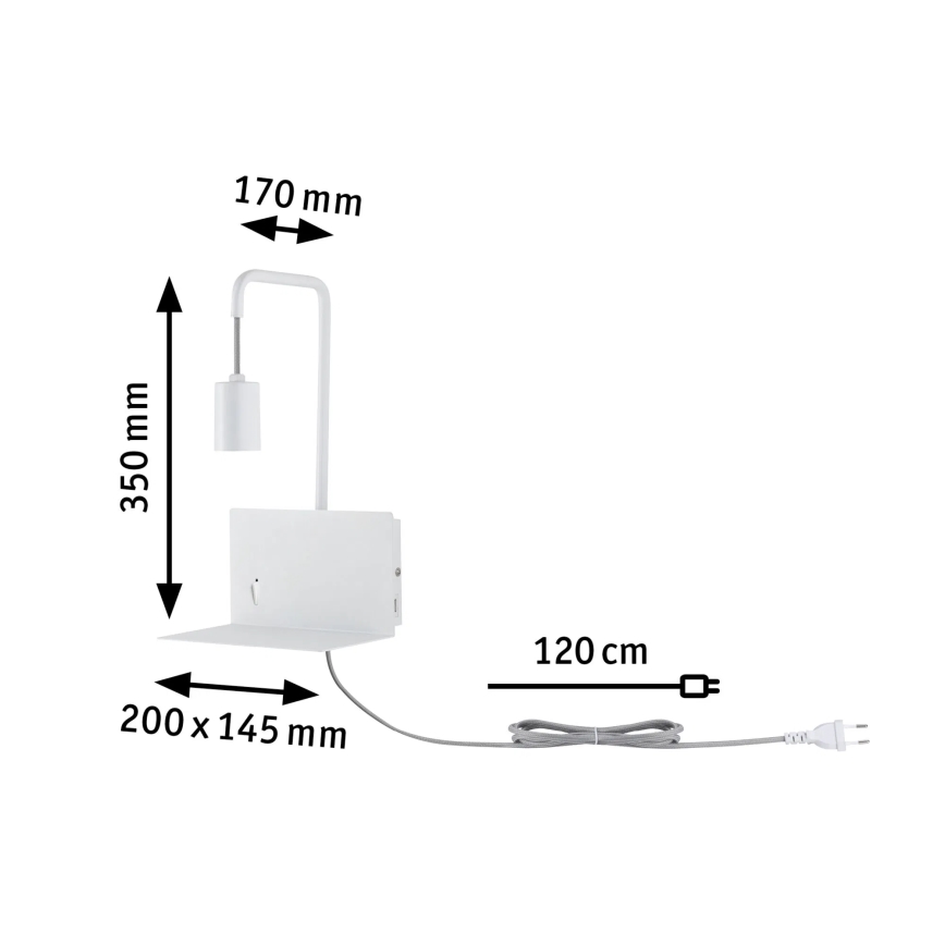 Paulmann 79812 - 1xE27/40W Аплик с полица и USB порт CALVANI 230V бял