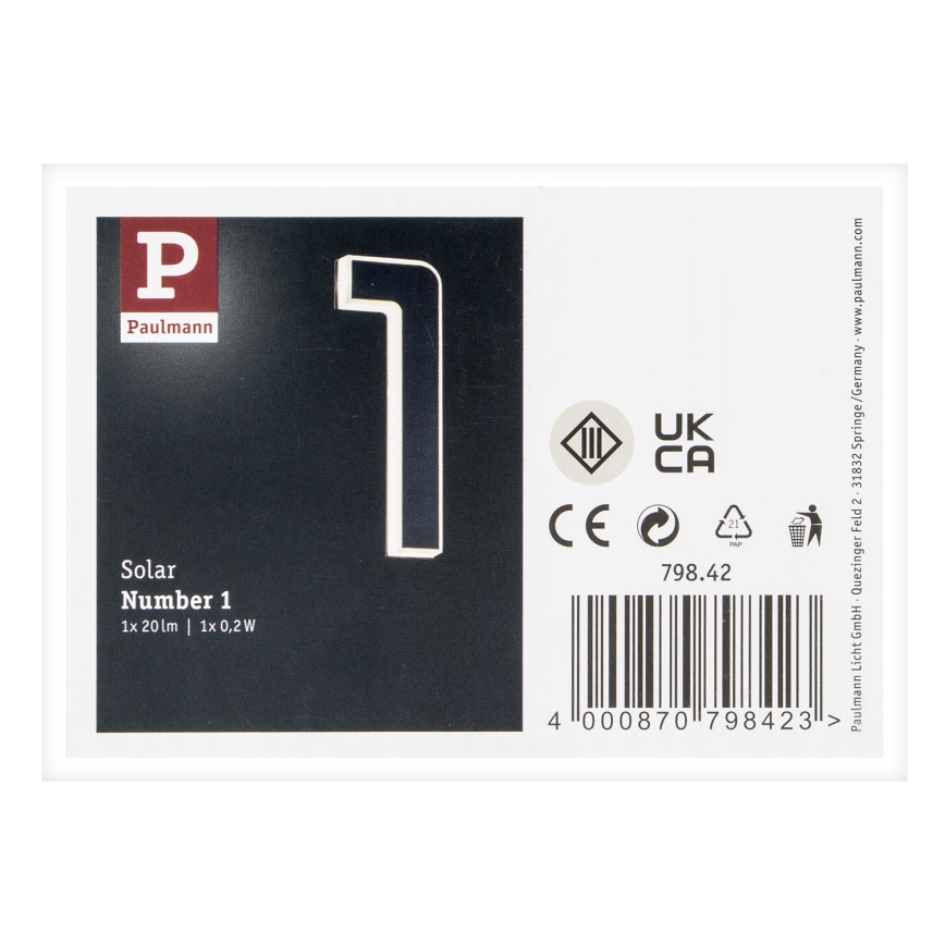 Paulmann 79842 - LED/0,2W IP44 Соларен домашен номер 1,2V 1500 mAh