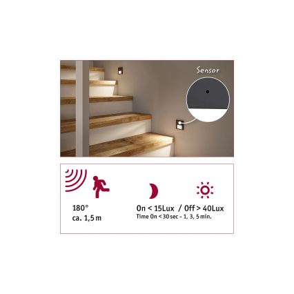 Paulmann 80004 - LED/1W Лампа за стълбище със сензор TSARO 230V Lead/черен