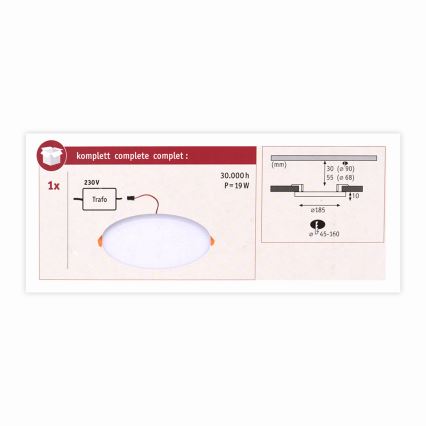 Paulmann 92389 - LED/17W IP44 Плафон за вграждане за баня VARIFIT 230V