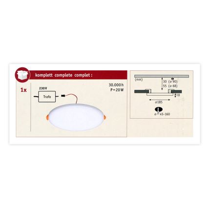 Paulmann 92392 - LED/17,5W IP44 Плафон за вграждане в баня VARIFIT 230V