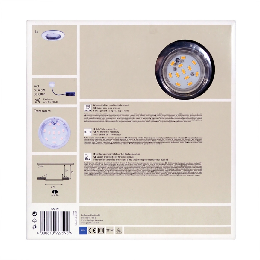 Paulmann 92759 - Комплект 3xLED/6,8W За баня Осветление за окачен таван COIN 230V IP44