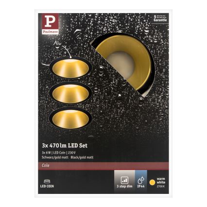 Paulmann 93404 - К-кт 3бр.LED/6,5W IP44 димируеми лампи за вграждане в баня COLE 230V