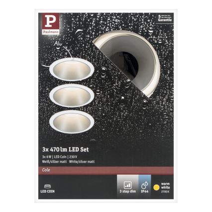 Paulmann 93410 - К-кт 3бр.LED/6,5W IP44 димируеми лампи за вграждане в баня COLE 230V