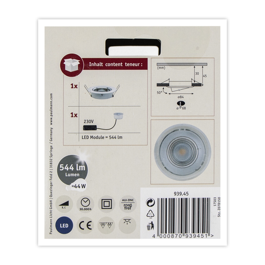 Paulmann 93945 - LED/6,8W IP23 Димируема луничка за баня COIN 230V