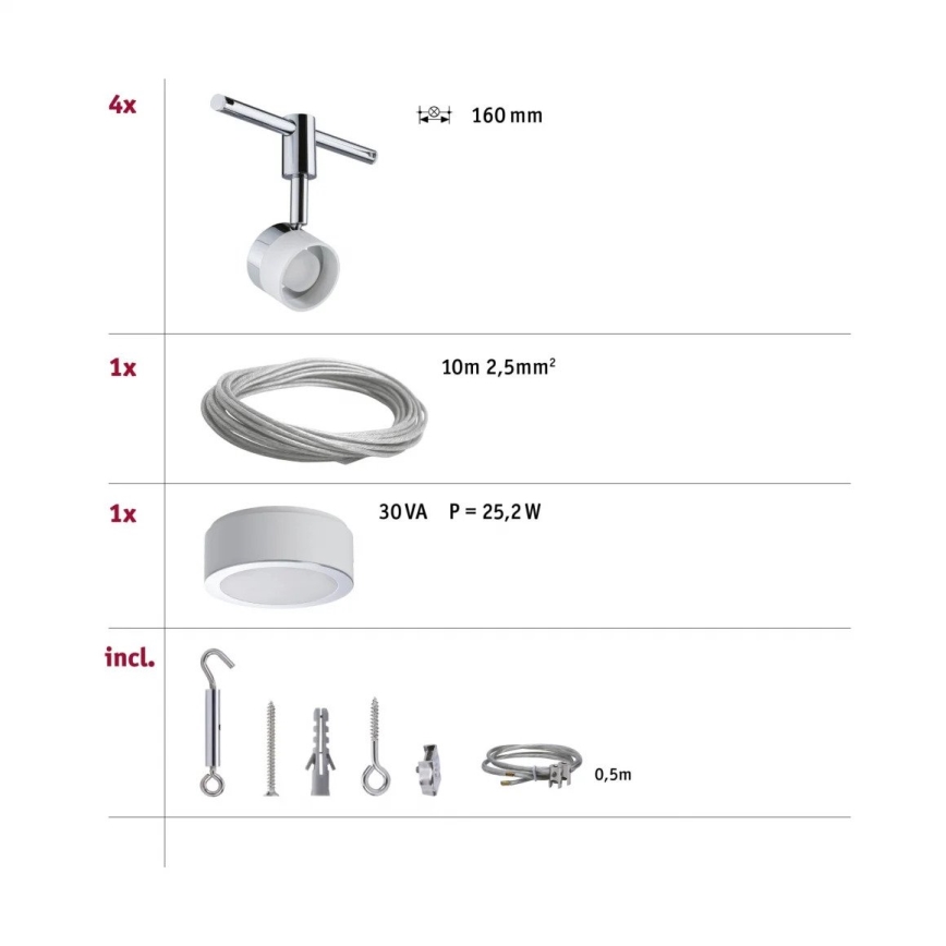Paulmann 94080 - Комплект 4xLED/4,8W, цялостна кабелна осветителна система STAGE 230V, гланцов хром