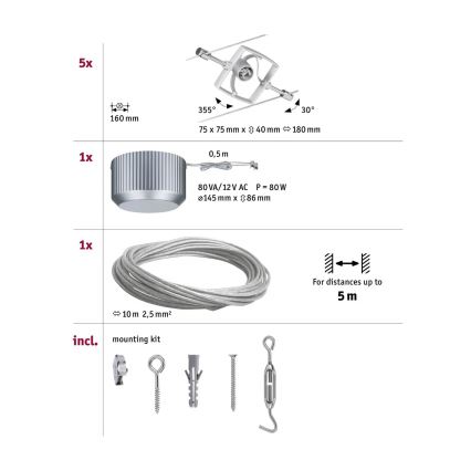 Paulmann 94133 - комплект с 5x GU5,3/10W, пълен кабелен осветителен комплект MAC 230V, матов хром