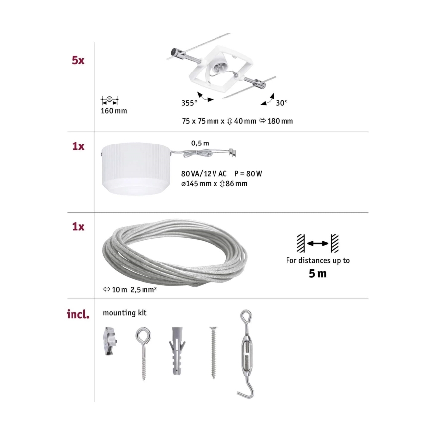 Paulmann 94134 - К-кт 5xGU5,3/10W Спот за релсова система MAC 230V бял