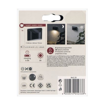 Paulmann 94233 - LED/0,05W IP44 Соларен аплик ELLIOT 1,2V 400 mAh