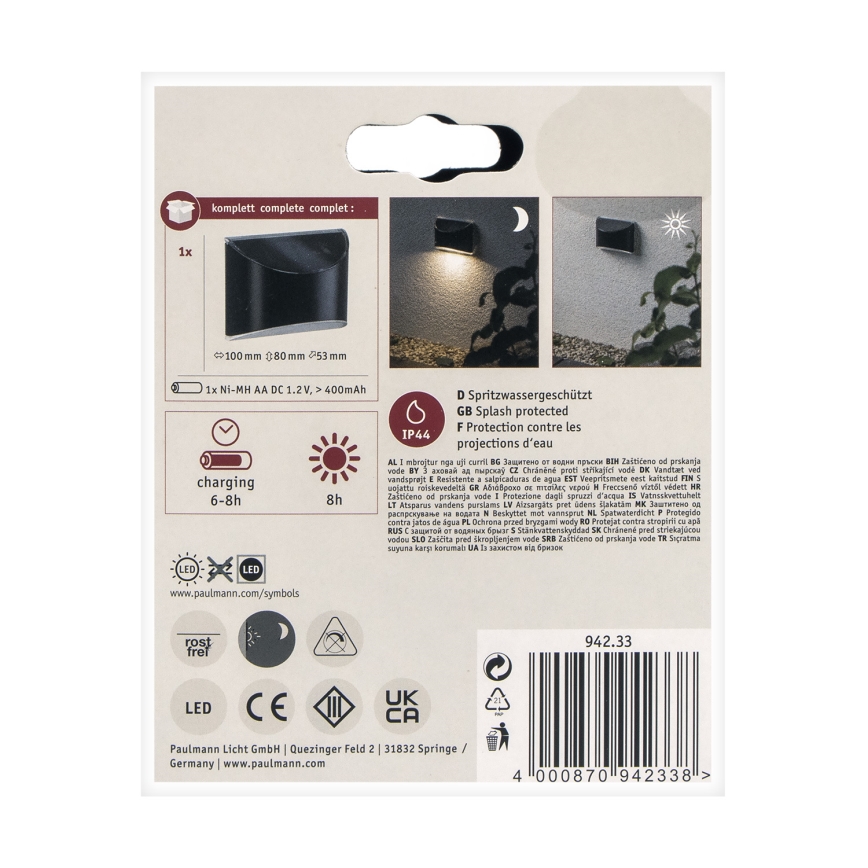 Paulmann 94233 - LED/0,05W IP44 Соларен стенен осветител ELLIOT 1,2V 400 mAh