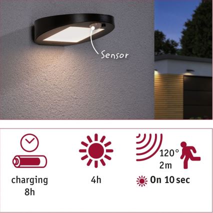 Paulmann 94246 - LED/1,2W IP44 Екстериорна соларна лампа със сензор RYSE 3,7V 1800 mAh
