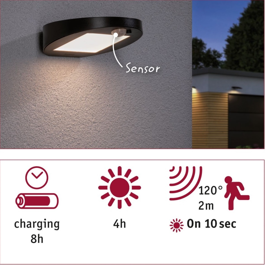 Paulmann 94246 - LED/1,2W IP44 Екстериорна соларна лампа със сензор RYSE 3,7V 1800 mAh