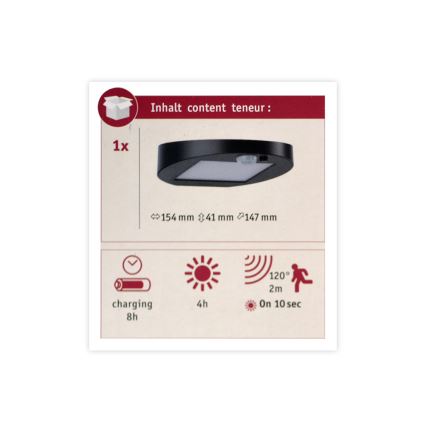 Paulmann 94246 - LED/1,2W IP44 Екстериорна соларна лампа със сензор RYSE 3,7V 1800 mAh