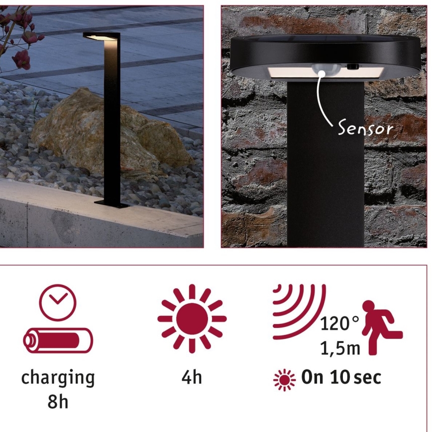 Paulmann 94249 - LED/1,2W IP44 Екстериорен соларен лампа със сензор RYSE 3,7V 1800 mAh