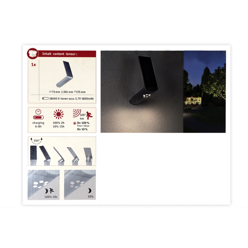 Paulmann 94261 - LED/1,2W IP44 Соларен аплик със сензор ILIAS 3,7V