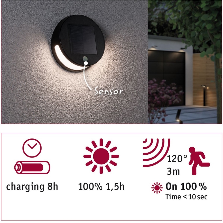 Paulmann 94265 - LED/3W IP44 Екстериорна соларна лампа със сензор HELENA 3,7V 1800 mAh