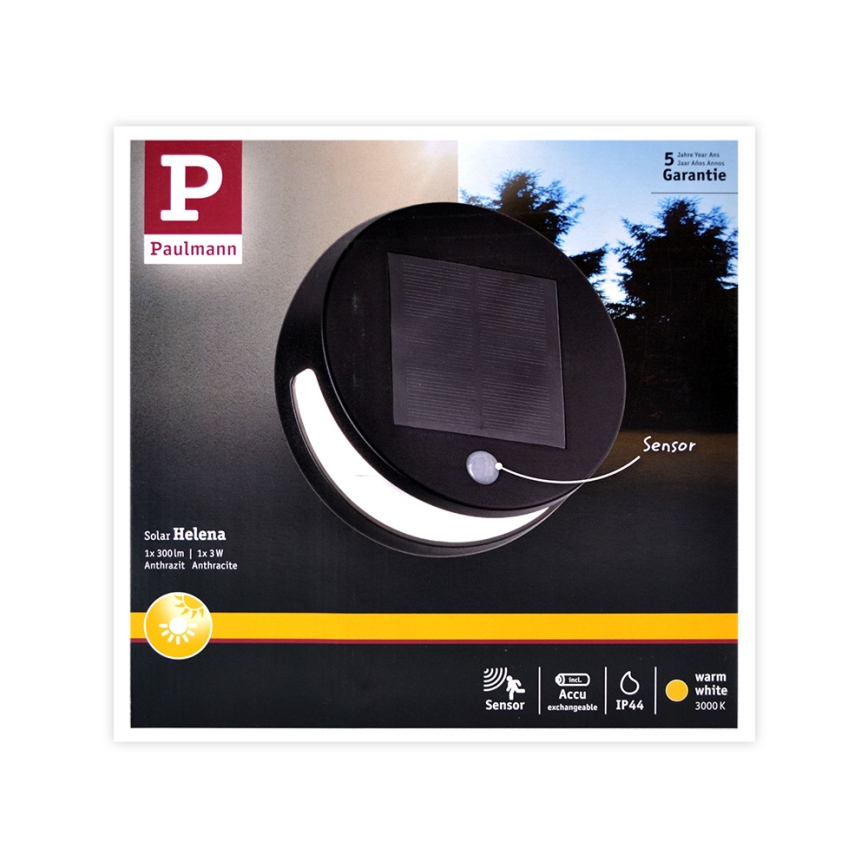 Paulmann 94265 - LED/3W IP44 Екстериорна соларна лампа със сензор HELENA 3,7V 1800 mAh