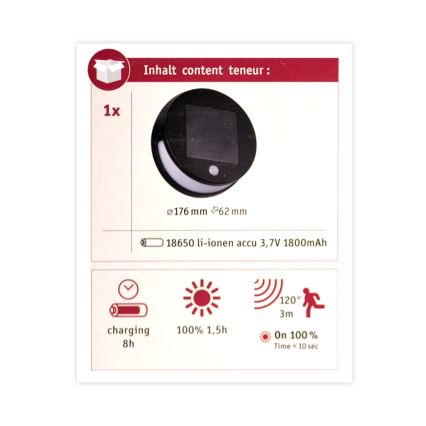 Paulmann 94265 - LED/3W IP44 Екстериорна соларна лампа със сензор HELENA 3,7V 1800 mAh