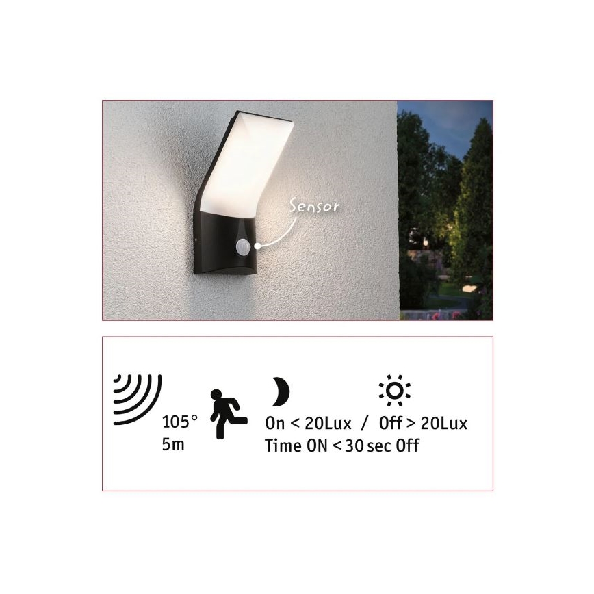 Paulmann 94402 - LED/10W IP44 Екстериорен аплик със сензор ADYA 230V