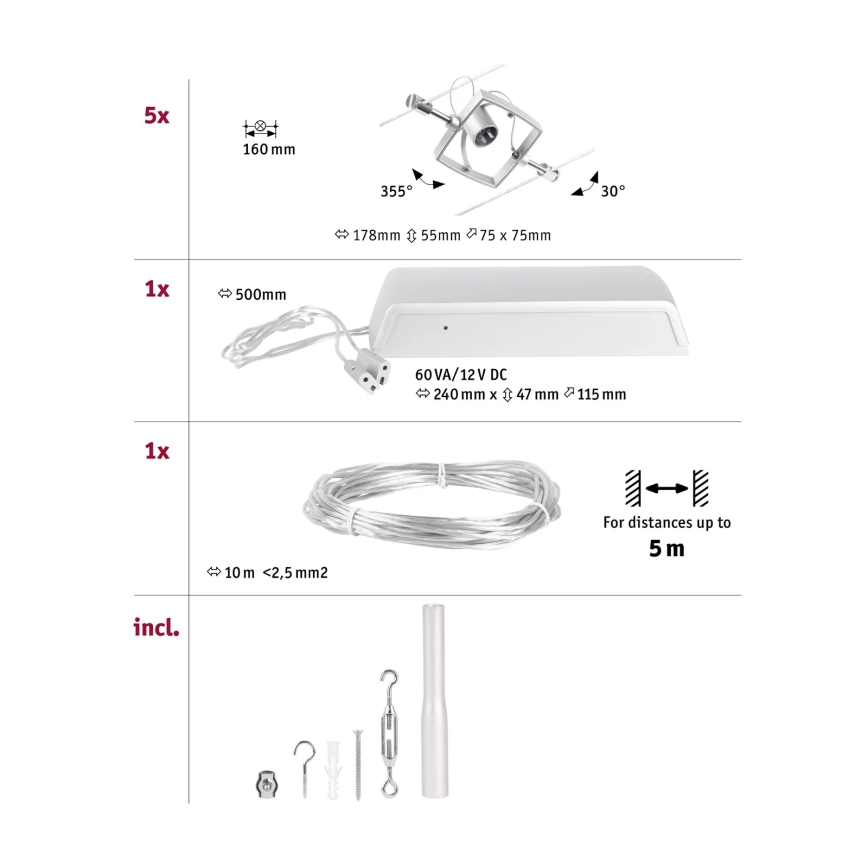 Paulmann 94430 - К-кт 5xGU5,3/10W Спот за релсова система MAC 230V матов хром