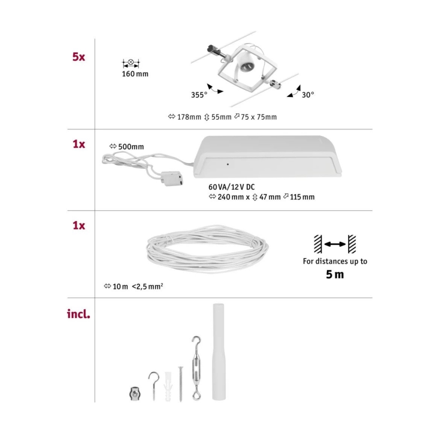 Paulmann 94432 - комплект 5xGU5,3/10W цялостна тросова система MAC 230V бяла