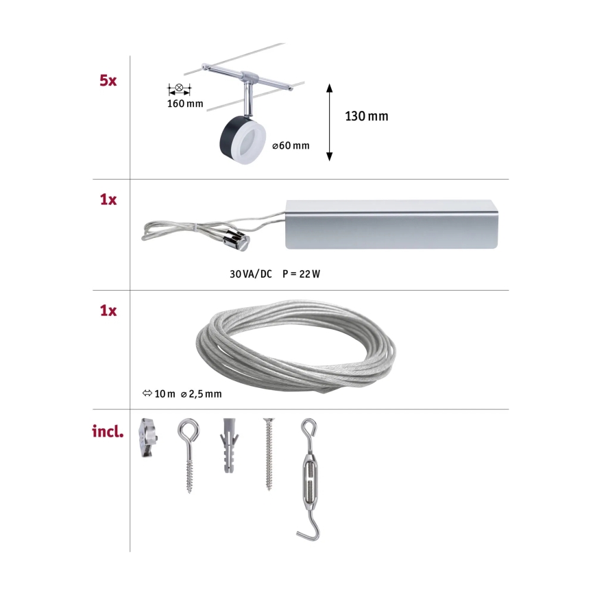 Paulmann 94457 - Комплект 5xLED/4W пълна кабелна осветителна система CLEAR 230V черен/лъскав хром