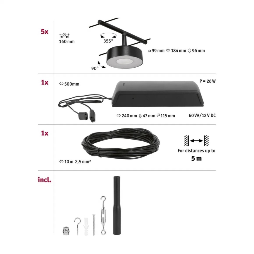 Paulmann 94479 - Комплект 5xLED/5W: пълна кабелна осветителна система CIRCLE 230V, черен