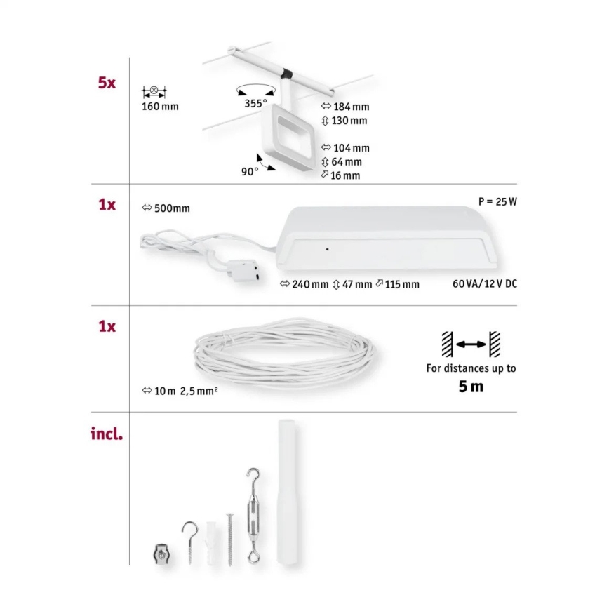 Paulmann 94483 - КОМПЛЕКТ 5xLED/4,8W Луни за кабелна система FRAME 230V бял