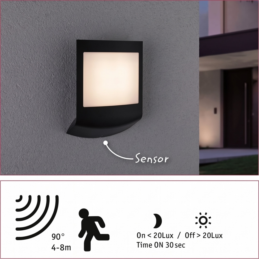 Paulmann 94513 - RGBW LED/8,2W IP44 Димируема външна стенна лампа с сензор за движение и сумрак PADEA 230V антрацит
