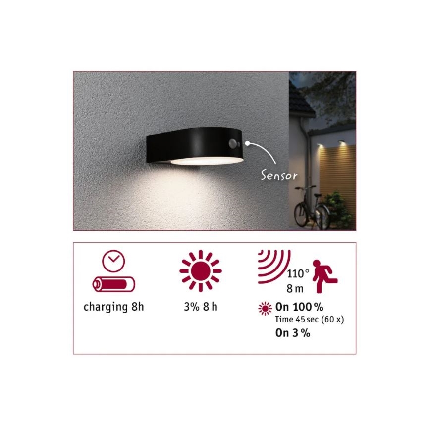 Paulmann 94570 - LED/5,5W IP44 Соларен аплик със сензор EILEEN 3,7V 2000 mAh