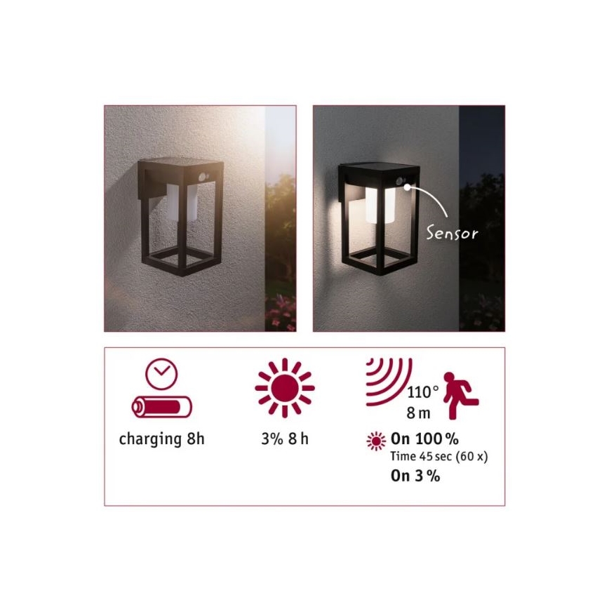 Paulmann 94572 -LED/5,5W IP44 Соларен аплик със сензор MARISOL 3,7V 2000 mAh