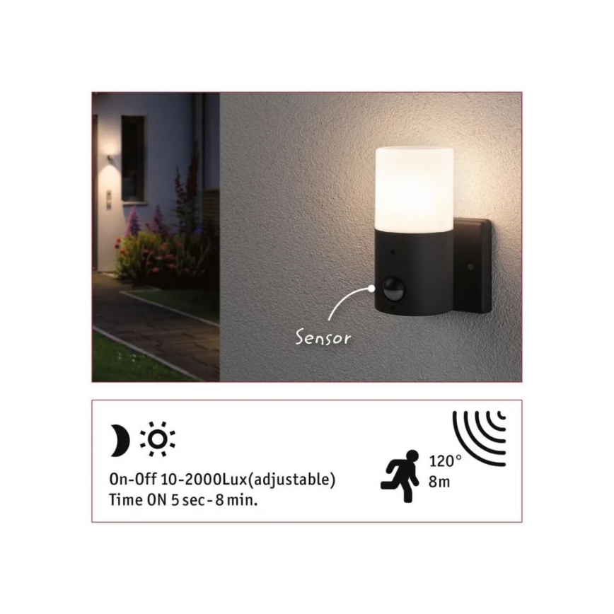 Paulmann 94648 - 1xE27/15W IP44 Екстериорен аплик със сензор TUBS 230V