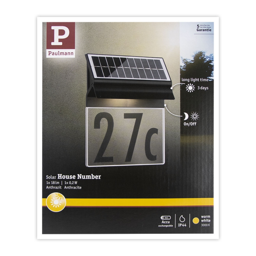 Paulmann 94694 - LED/0,2W IP44 Соларен домашен номер NEDA 3,7V 1800 mAh