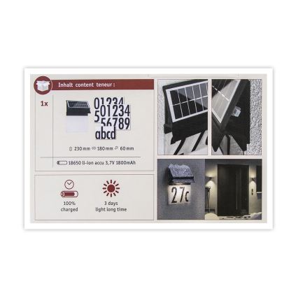 Paulmann 94694 - LED/0,2W IP44 Соларен домашен номер NEDA 3,7V 1800 mAh
