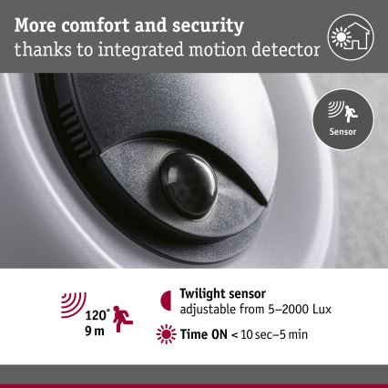 Paulmann 94956 - LED/20,5W IP65 С възможност за димиране външно стенно осветително тяло със сензор за движение и за сумрак AUREVA 230V 2200/3000/4000K антрацит