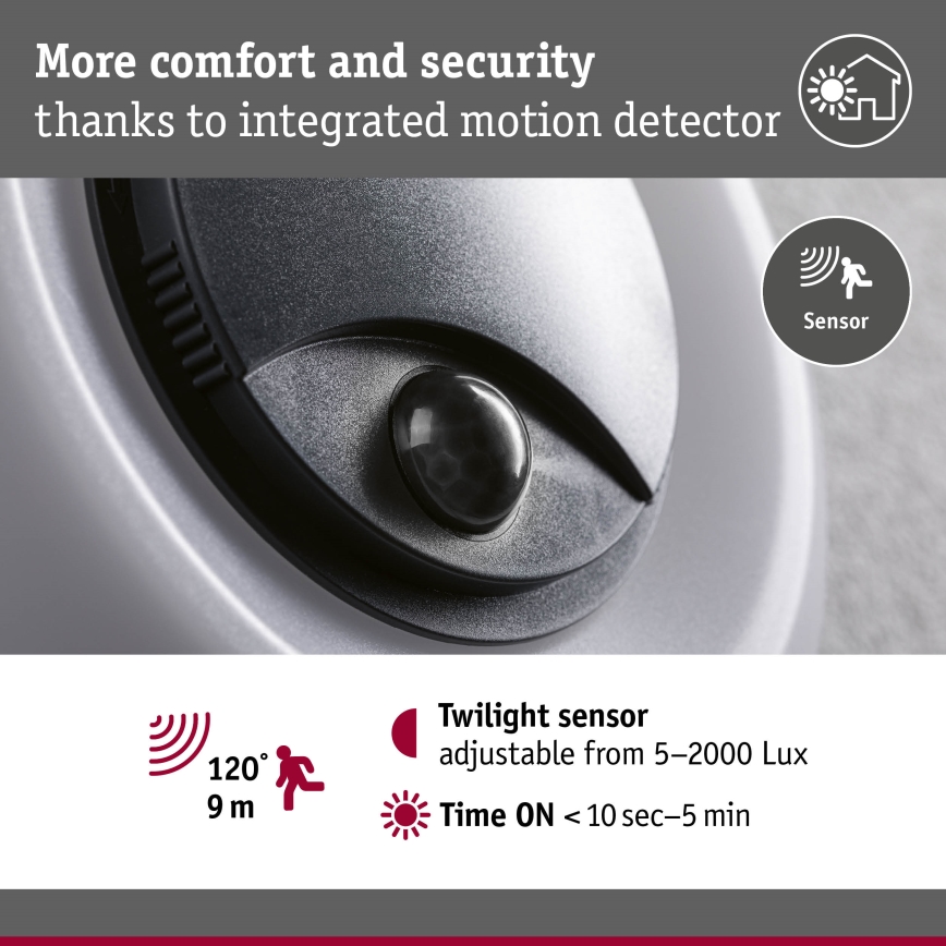 Paulmann 94956 - LED/20,5W IP65 С възможност за димиране външно стенно осветително тяло със сензор за движение и за сумрак AUREVA 230V 2200/3000/4000K антрацит