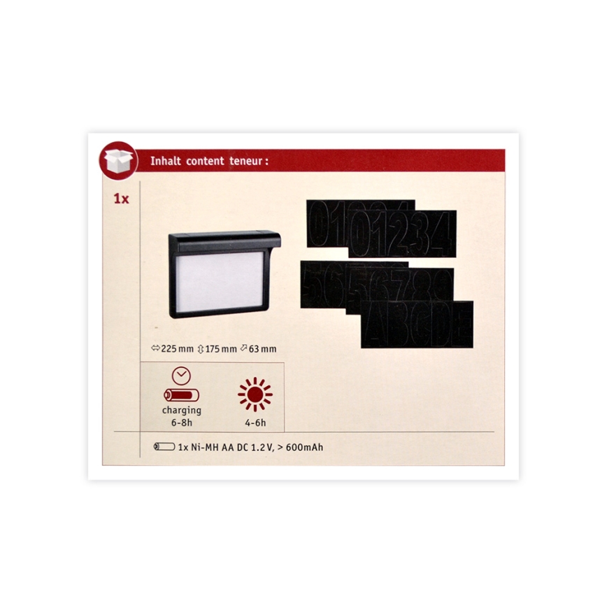 Paulmann 95388 - LED/0,05W IP44 Соларен домашен номер със сензор DAYTON 4,8V