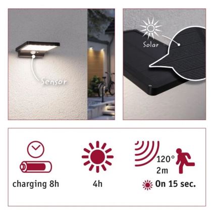 Paulmann 95393 - LED/4W IP44 Регулируемо соларно стенен осветител с сензор SOLVEIG 3,7V 2000 mAh