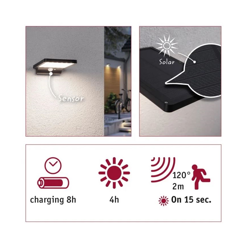 Paulmann 95393 - LED/4W IP44 Регулируемо соларно стенен осветител с сензор SOLVEIG 3,7V 2000 mAh