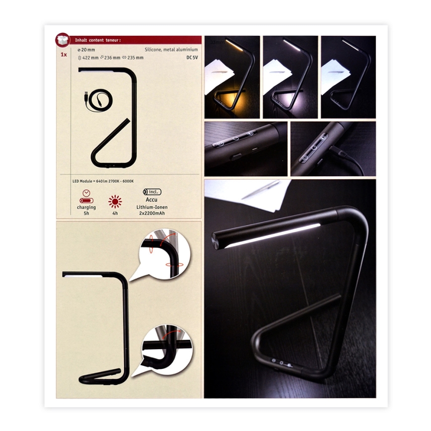 Paulmann 95424 - LED/4,5W Регулируема с докосване настолна лампа FLEXLINK 5V/USB 4400 mAh черна