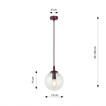 Пендант на кабел COSMO 1xE14/10W/230V, диаметър 14 см, червен/прозрачен