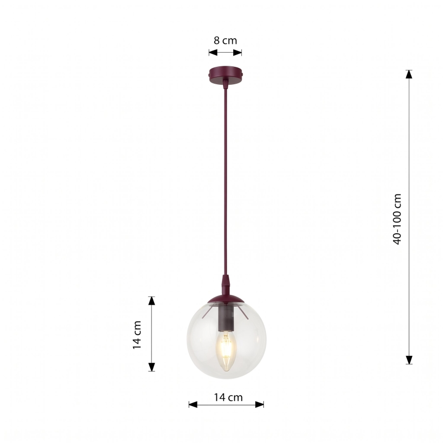 Пендант на кабел COSMO 1xE14/10W/230V, диаметър 14 см, червен/прозрачен