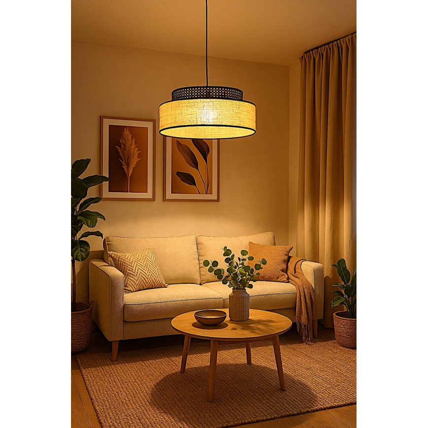 Пендел BOHO 1xE27/60W/230V Ø 40 см черен/ратан