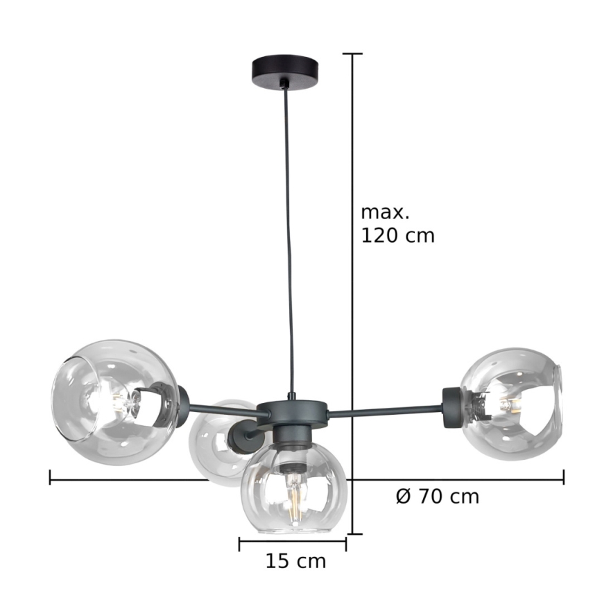 Пендел KALIOPE 4xE27/60W/230V черен/прозрачен