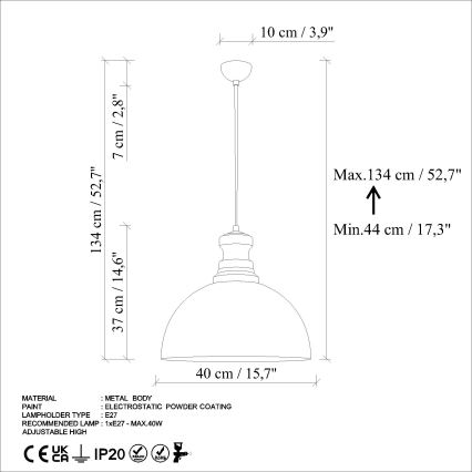 Пендел KURE 1xE27/40W/230V Ø 40 см сив