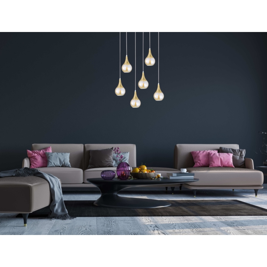 Пендел LACRIMA HONEY 6xE27/60W/230V бял/златист/опушен бежов