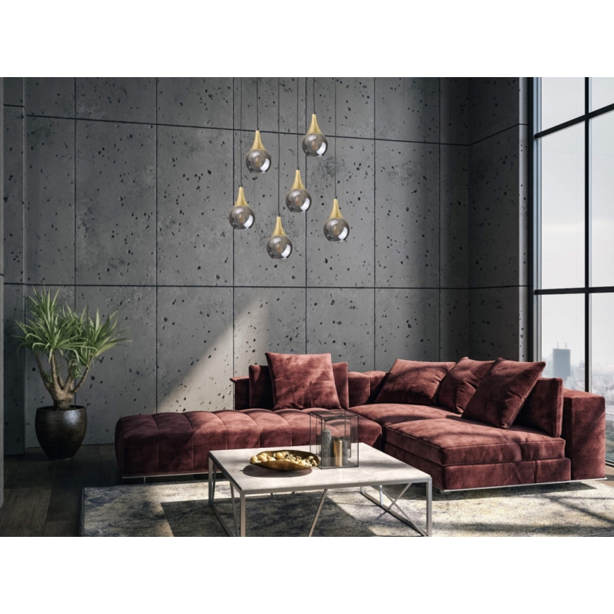 Пендел LACRIMA SMOKY 6xE27/60W/230V черен/златист/опушен черен